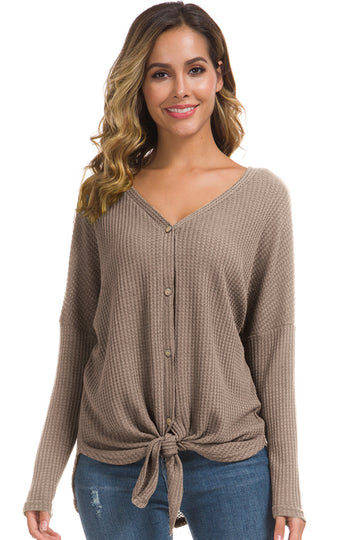 Solid Waffle Knit Tunic Loose Fitting Bat Wing